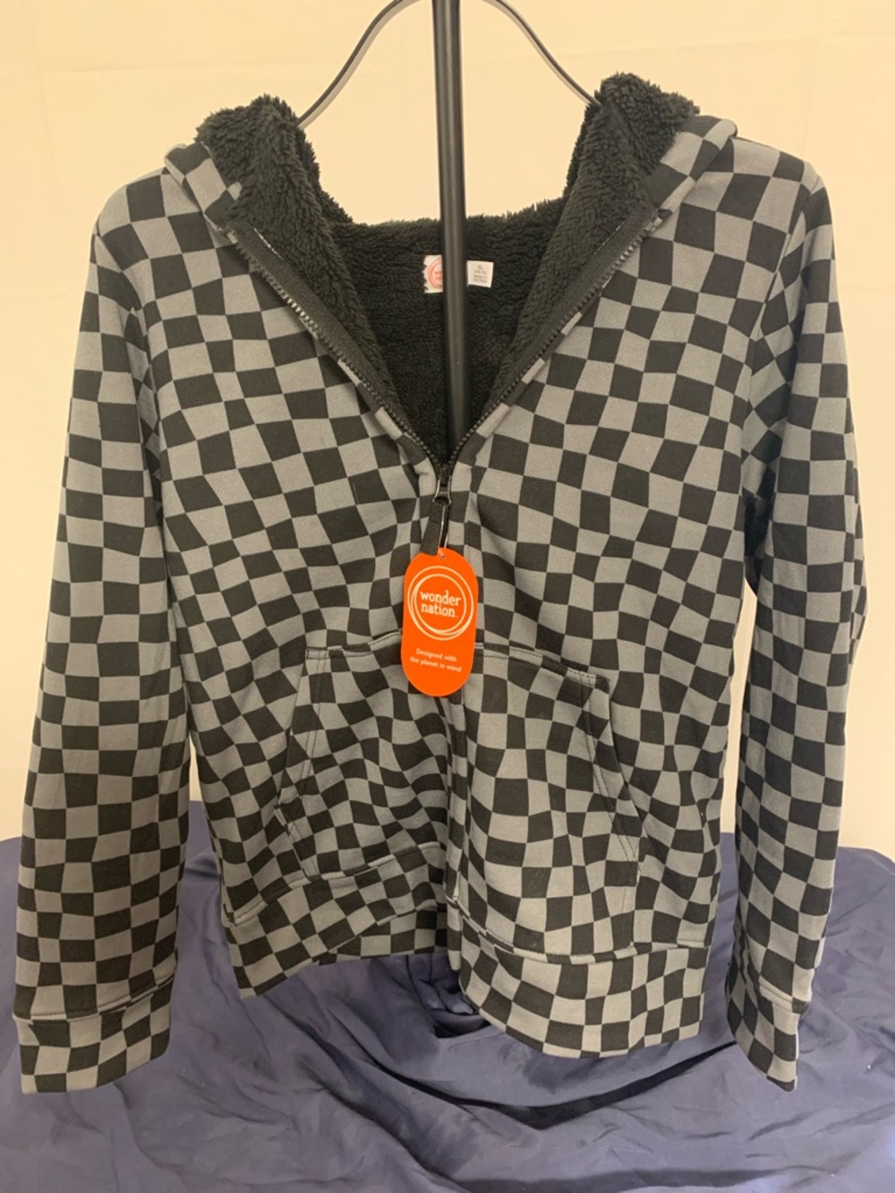 wonder nation Black & Gray Checkerboard Sherpa Hoodie Jacket